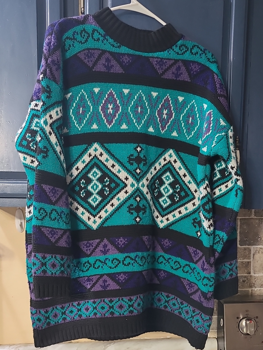 Teal & Purple Geometric Knit Sweater - Unisex Cozy Pullover vibrant by CUT 4 U